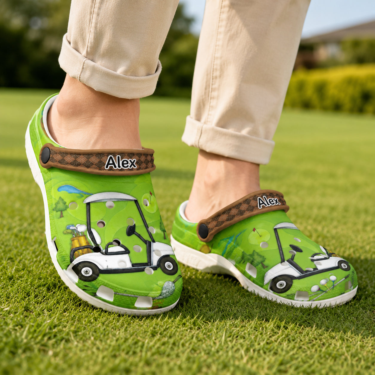 Golf Cart Print Clogs, Green Golf Pattern Clogs, Unisex Kid Adult Clogs, Summer Clogs, Waterproof EVA Slip-On Shoes, Comfortable Casual Sandals CLGOLF09