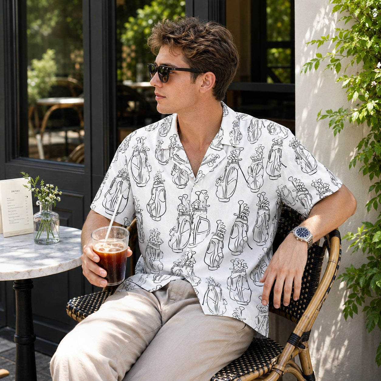 Golf Bag Print Hawaiian Shirt, Men’s White Aloha Button Down Shirt, Golf Lover Vacation Resort Shirt HW10