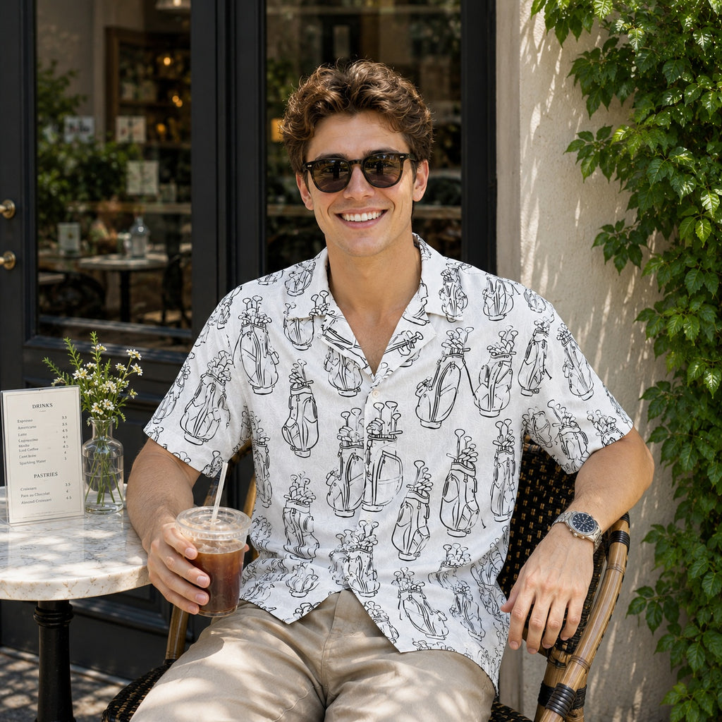 Golf Bag Print Hawaiian Shirt, Men’s White Aloha Button Down Shirt, Golf Lover Vacation Resort Shirt HW10