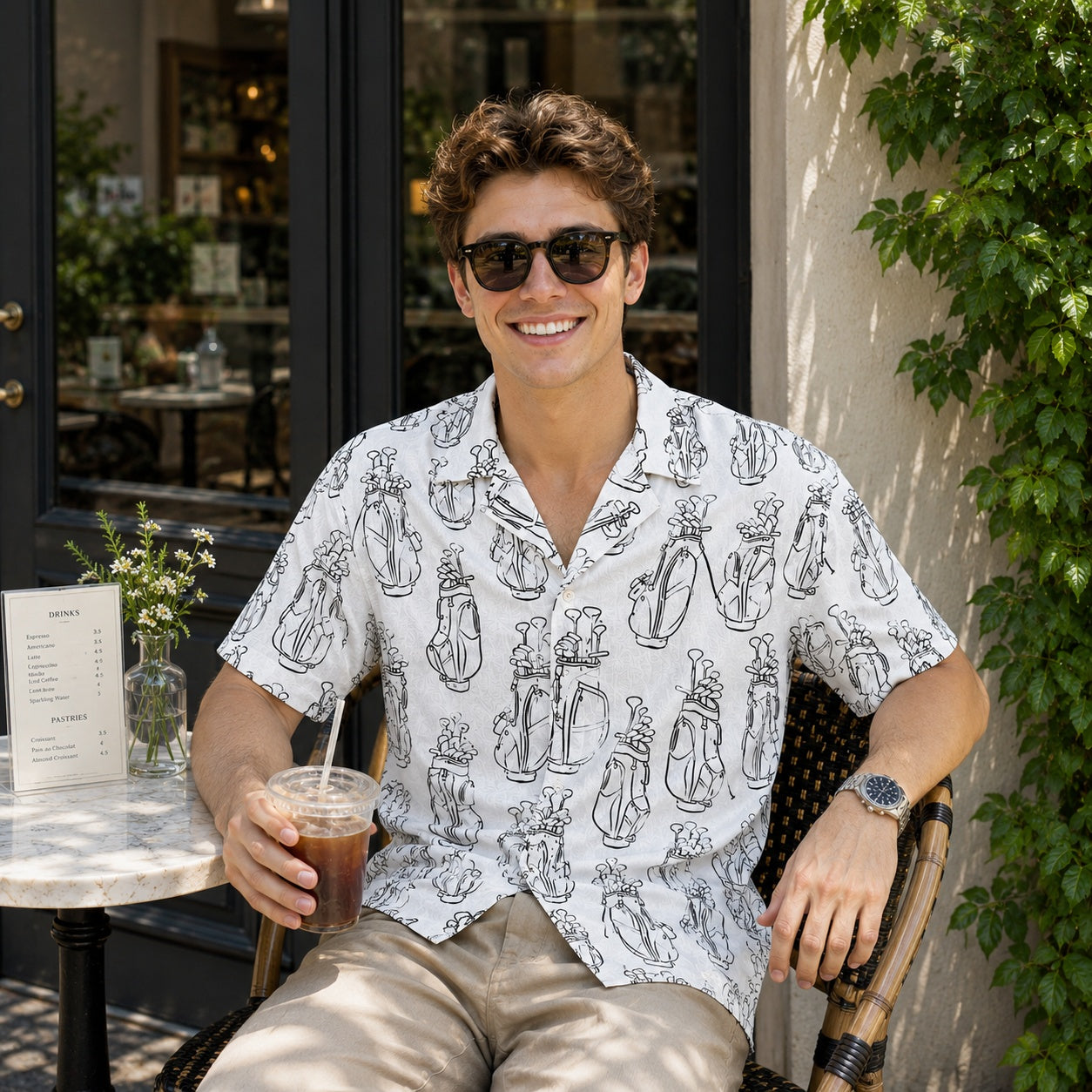 Golf Bag Print Hawaiian Shirt, Men’s White Aloha Button Down Shirt, Golf Lover Vacation Resort Shirt HW10