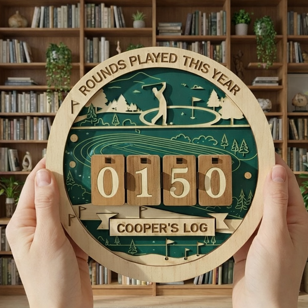 Personalized Golf Rounds Tracker Shelf Sign, 3D Wooden Tabletop Counter with Stand, Custom Golf Log & Stats Keeper, Desk Decor Gift for Him