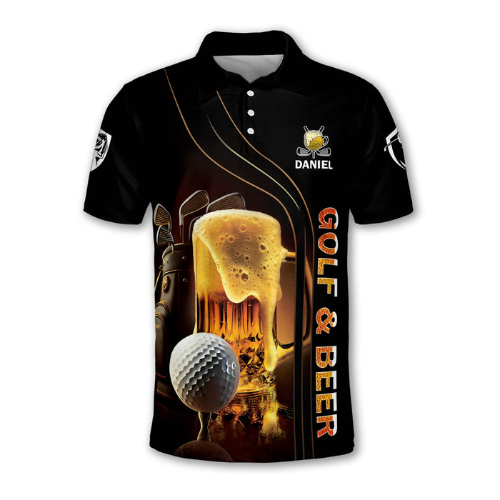 Personalized Golf Polo Shirt - Golf & Beer Foaming Mug Art - Birdie Bogey Eagle Par Funny Back Print - Custom Name Men's Top PLSGTP35