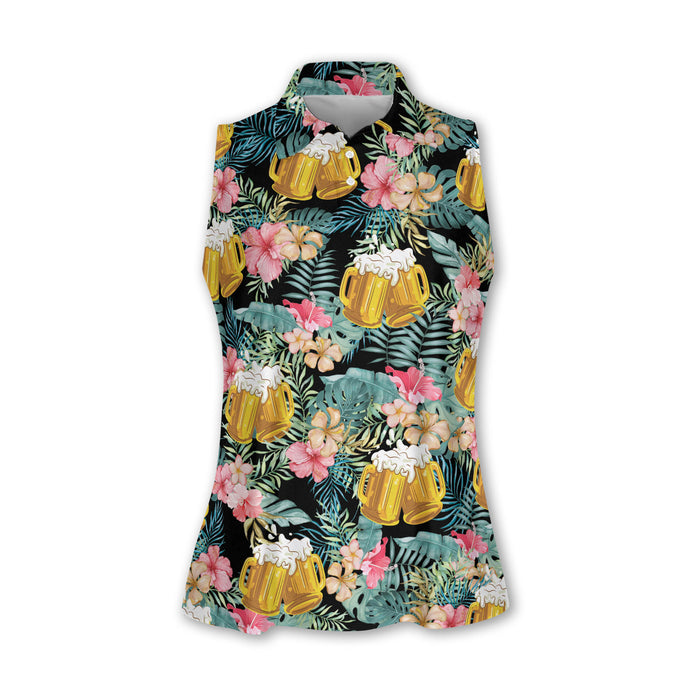 Women's Sleeveless Polo - Tropical Hibiscus & Beer Pattern - Funny Hawaiian Golf Shirt - Ladies Summer Tank Top