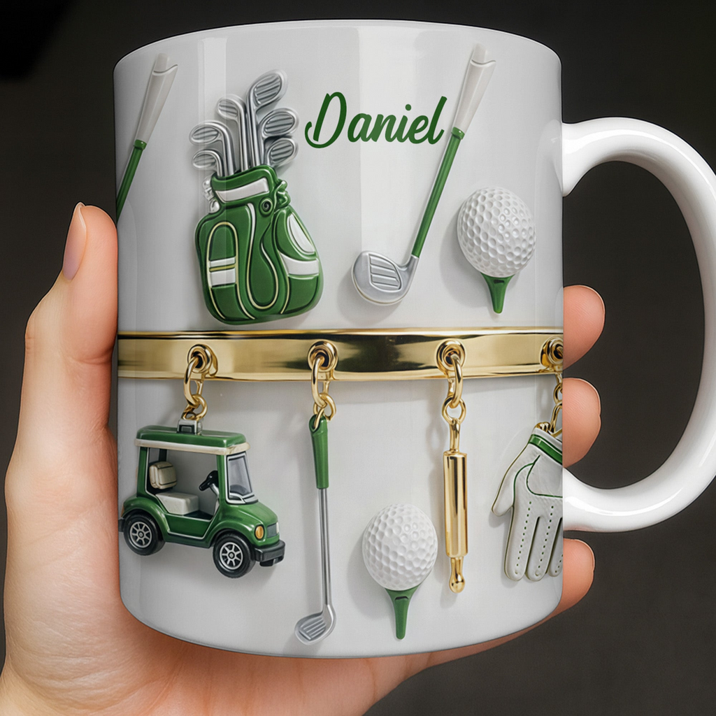 Personalized Golf Mug with Custom Name, Golf Bag, Clubs, Balls, and Cart Design – Perfect Gift for Golf Lovers