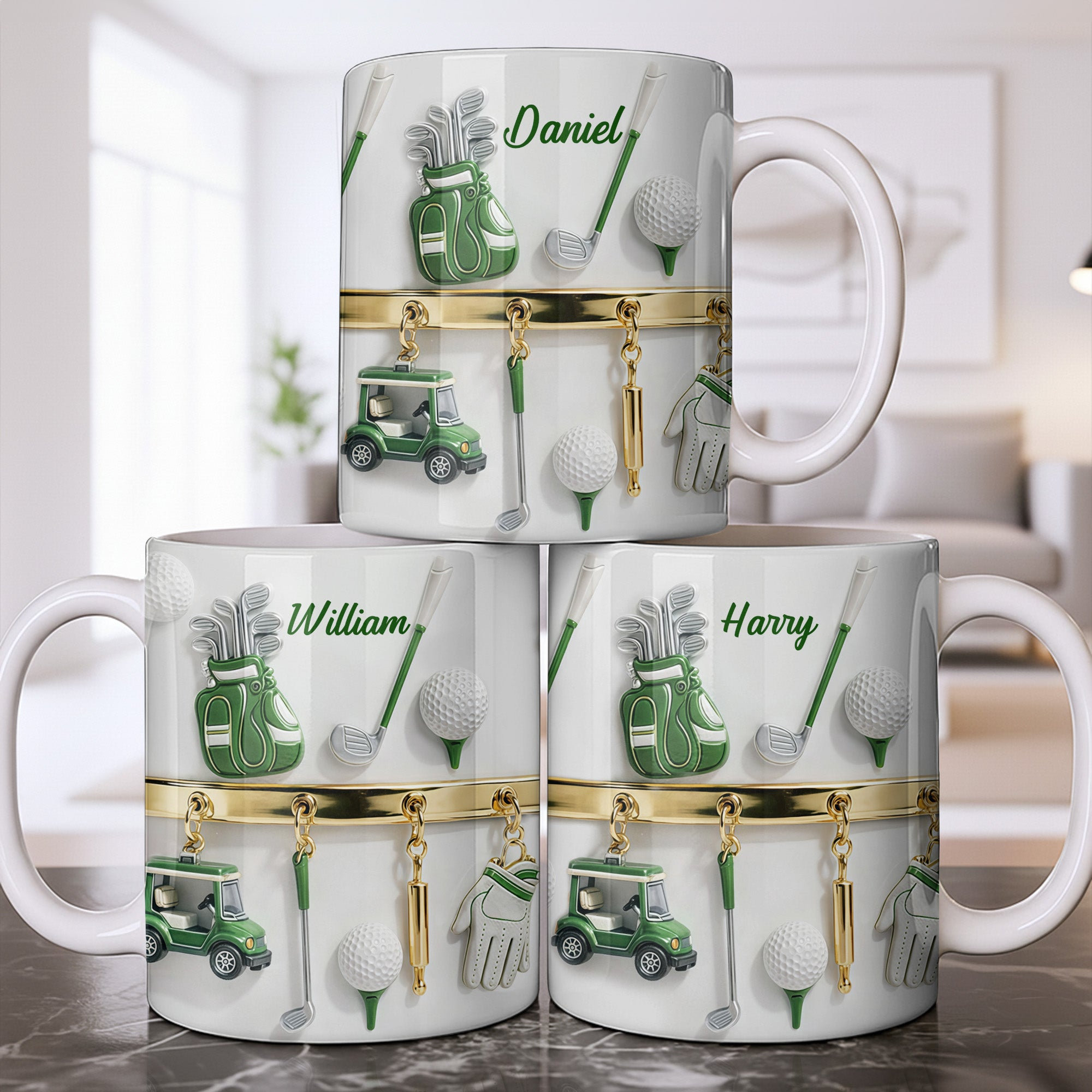 Personalized Golf Mug with Custom Name, Golf Bag, Clubs, Balls, and Cart Design – Perfect Gift for Golf Lovers