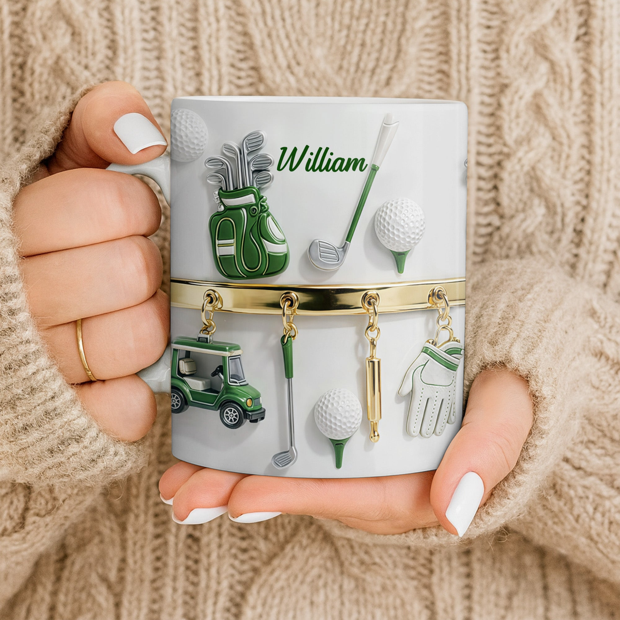 Personalized Golf Mug with Custom Name, Golf Bag, Clubs, Balls, and Cart Design – Perfect Gift for Golf Lovers