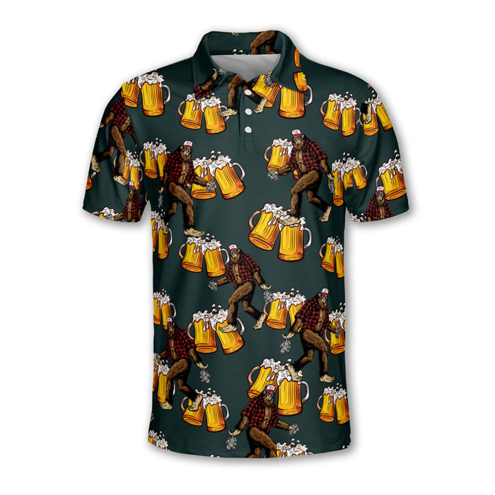 Bigfoot Beer Golf Polo Shirt, Funny Sasquatch Drinking Pattern, Men's Performance Golf Top, Gift for Beer Lover, Gift for Dog Dad & Husband, Polo For Golfer