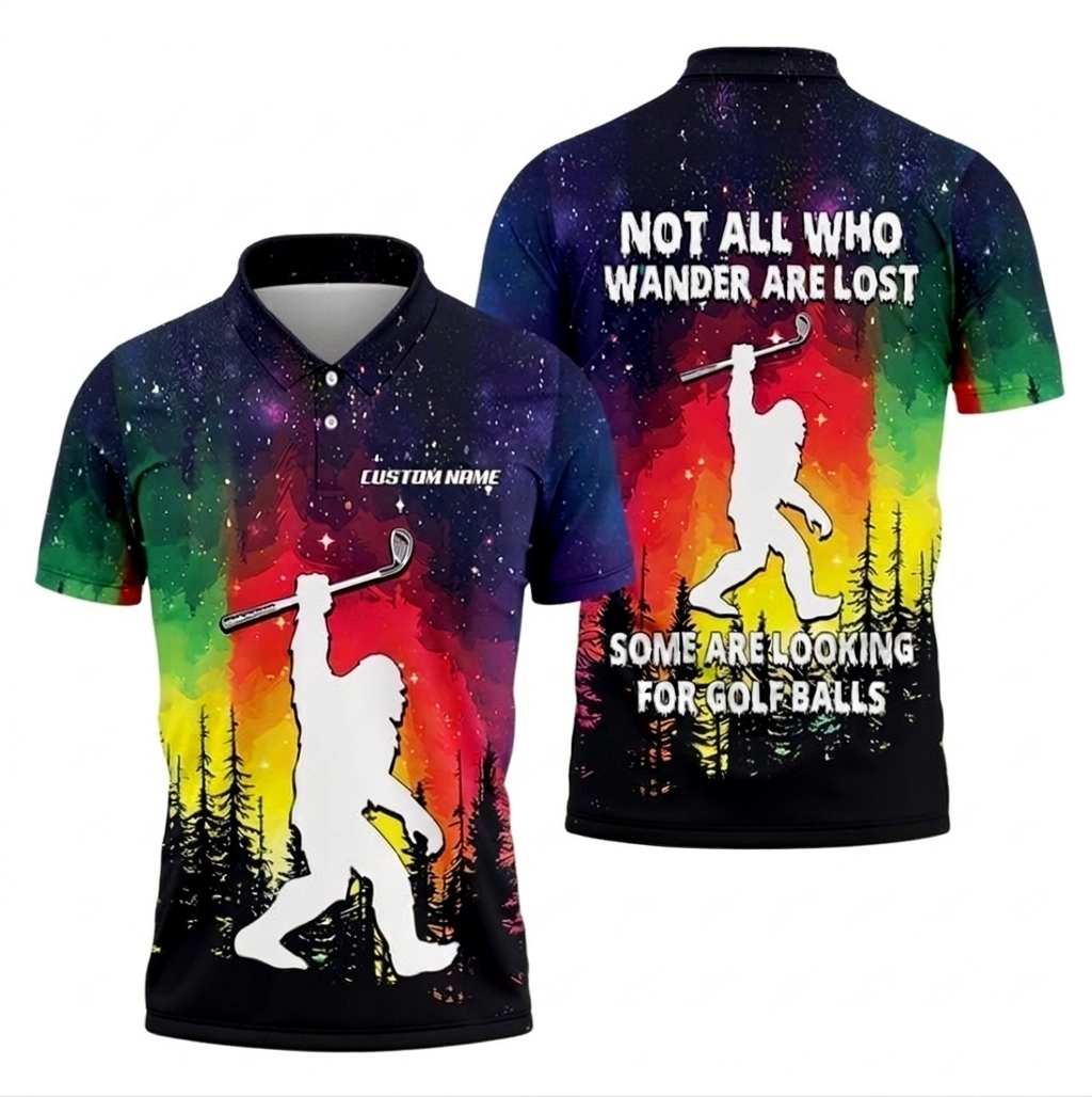 Funny Golf Polo Shirt - Galaxy Sasquatch Looking For Golf Balls - Colorful Nebula Print - Unique Golfer Gift
