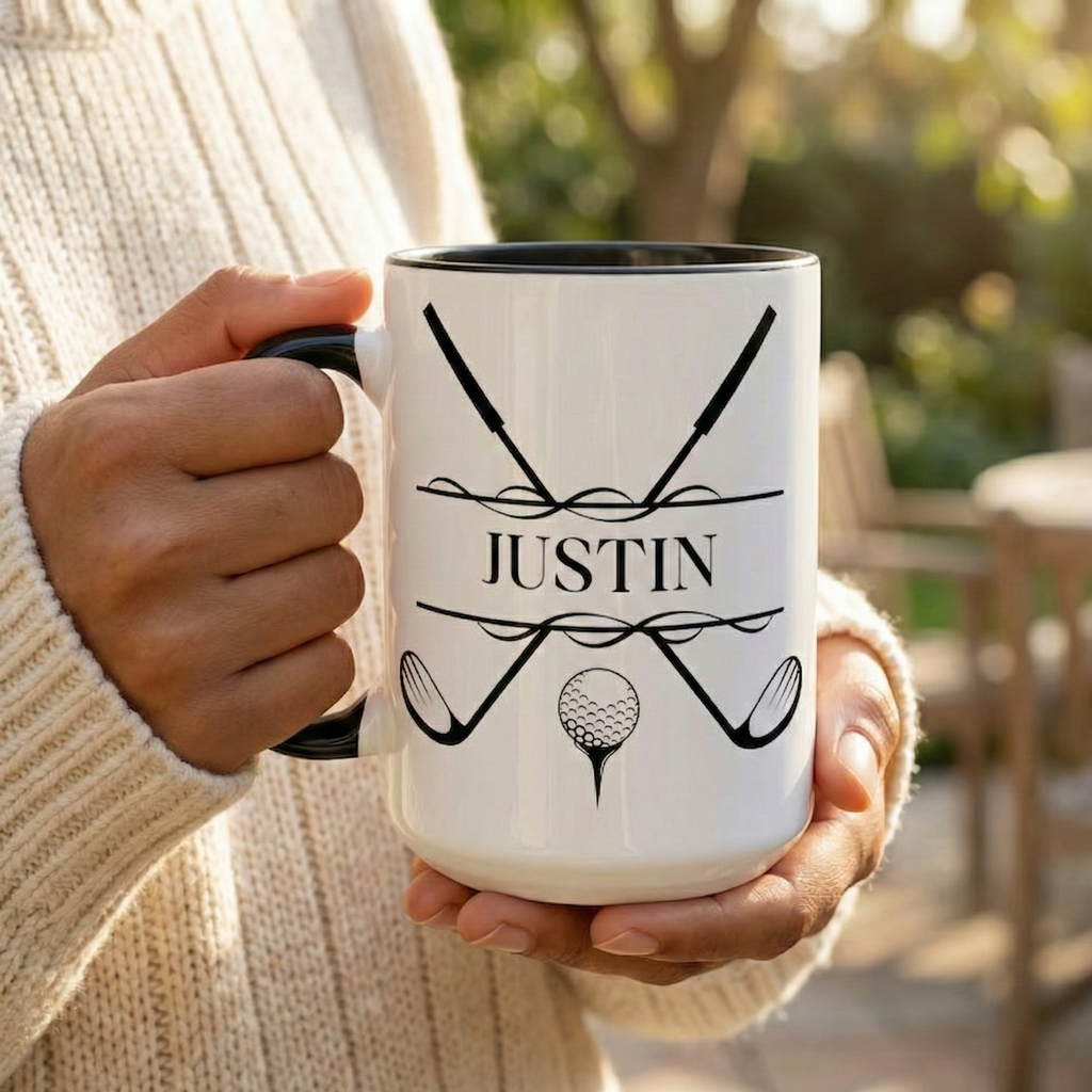 Personalized Golf Mug with Name - Custom Crossed Clubs Design - Ceramic Coffee Cup for Golfer - Men's Golf Gift CRMGTP28