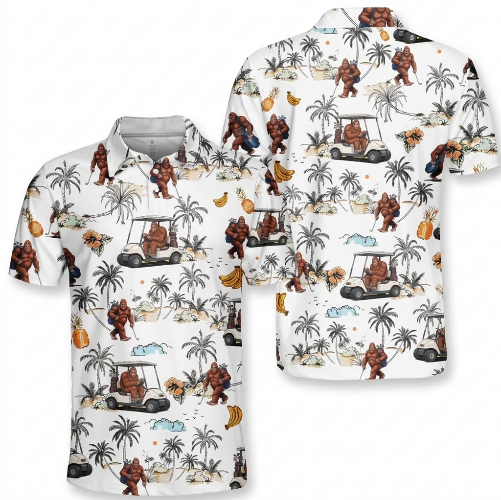 Funny Bigfoot Golf Polo Shirt for Men Women, Tropical Golf Cart Sasquatch Polo, Summer Golfer Gift, Lightweight Golf Outfit