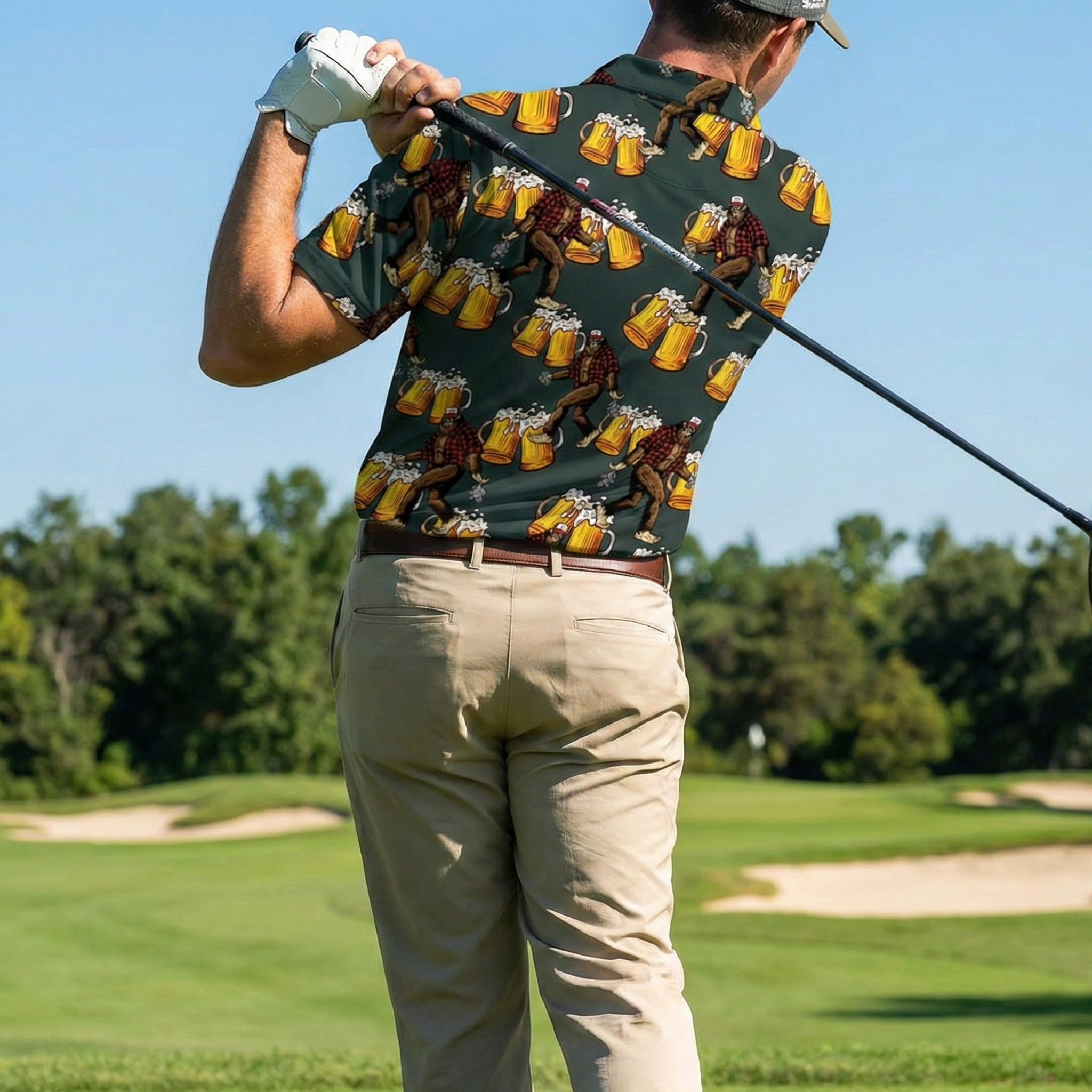 Bigfoot Beer Golf Polo Shirt, Funny Sasquatch Drinking Pattern, Men's Performance Golf Top, Gift for Beer Lover, Gift for Dog Dad & Husband, Polo For Golfer
