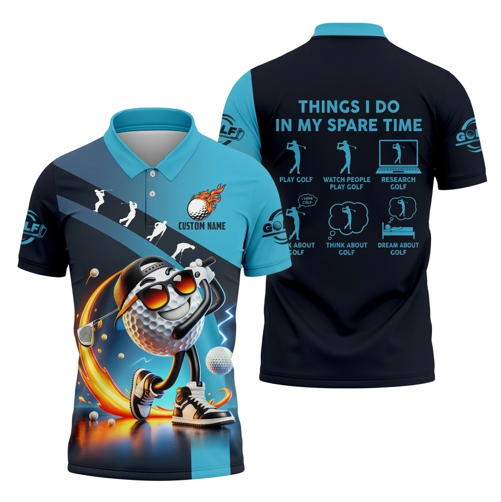 Personalized Funny Golf Polo Shirt Men, Custom Name Cartoon Ball Graphic Polo, "Things I Do In My Spare Time" Quote Top, Unique Golfer Birthday Gift PLSGTP21