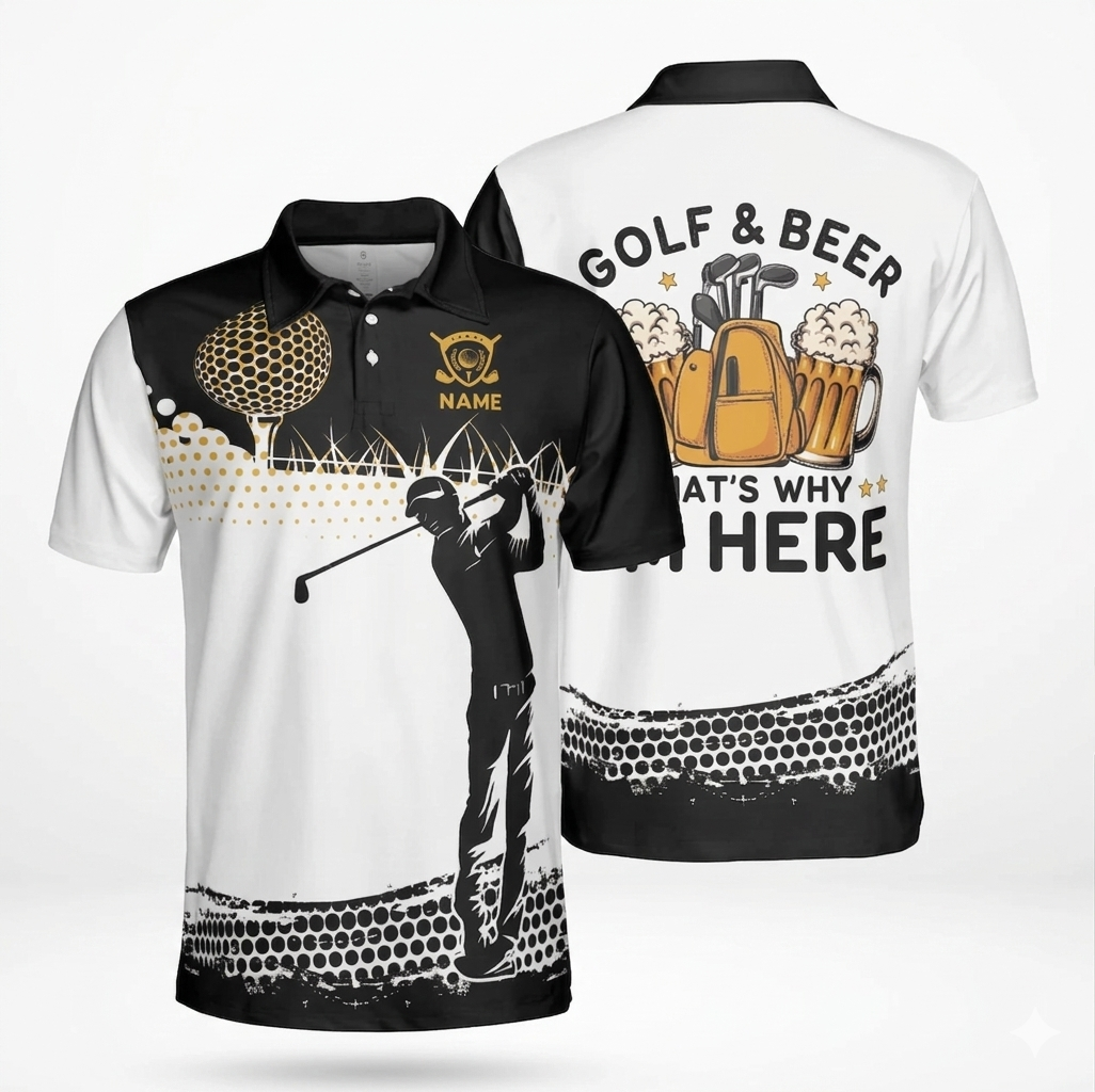 Golf And Beer That's Why I'm Here Golf Polo Shirt, Personalized Name Performance Polo, Funny Beer Drinking Golf Team Uniform, Men's Golf Top