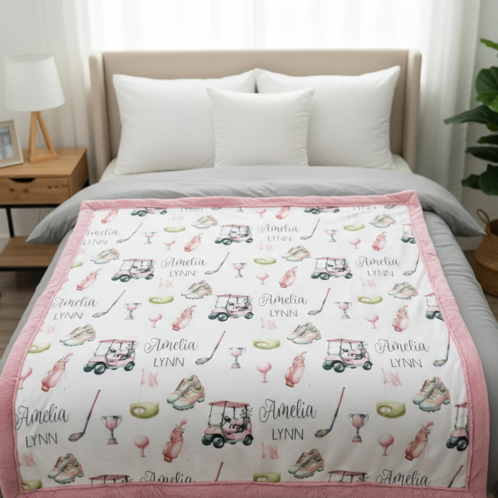 Personalized Golf Blanket Girl – Custom Name Pink Golf Cart Design