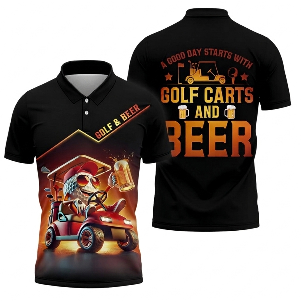 Custom Name Golf Polo Shirt, Funny Drinking Golf Ball Character, Red Golf Cart Design, Men's Performance Apparel