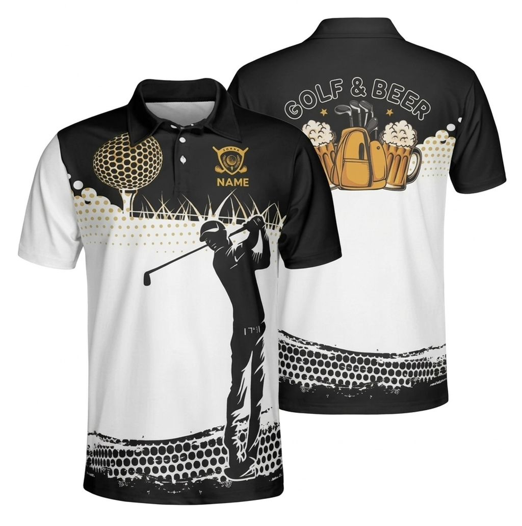 Personalized Golf Polo Shirt - Golf & Beer Bag Design - Custom Name Black & White Men's Top - Funny Golfer Gift PLSGTP36