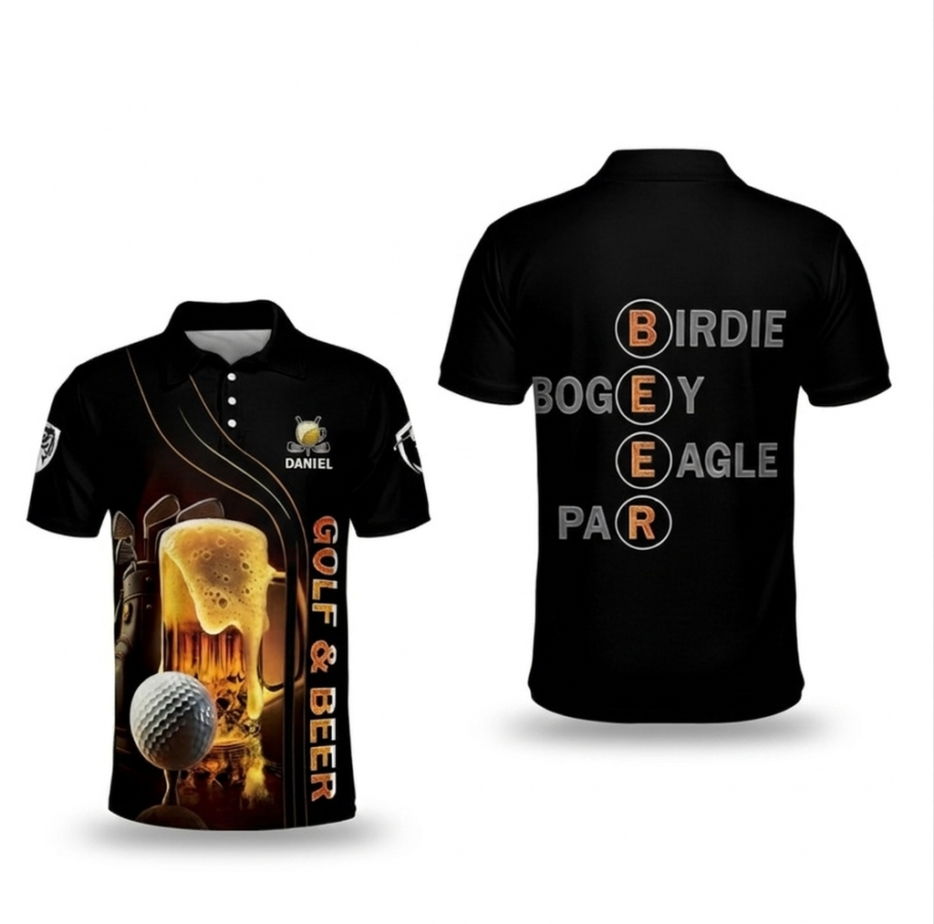 Personalized Golf Polo Shirt - Golf & Beer Foaming Mug Art - Birdie Bogey Eagle Par Funny Back Print - Custom Name Men's Top PLSGTP35