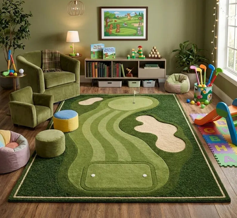 Golf Course Area Rug for Kids Playroom & Nursery – Fun 3D Green Fairway Carpet – Unique Sport Decor for Golf Lovers, Gamers,. RGTP25
