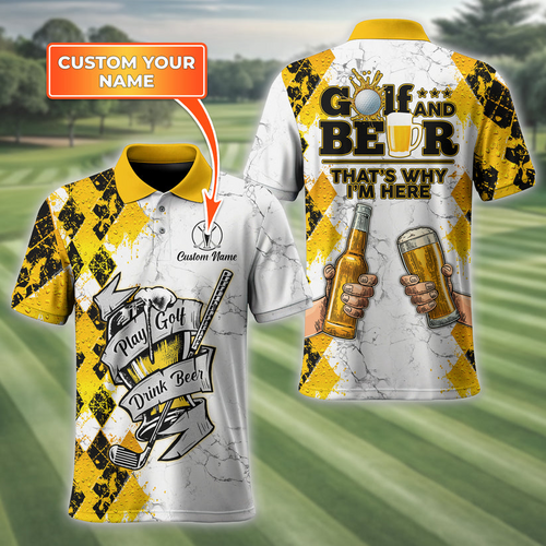 Personalized Golf and Beer Shirt – Custom Name Funny Golf Polo Shirt for Him – Bachelor Party Golf Team Outfit – Unique Drinking Golfer Gift PLSGTP26