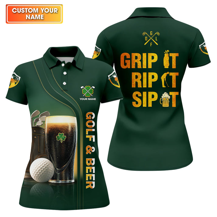Funny Women's Golf Polo Shirt, Grip It Rip It Sip It Quote, Personalized Green Beer Clover Shirt, St. Paddy's Gift