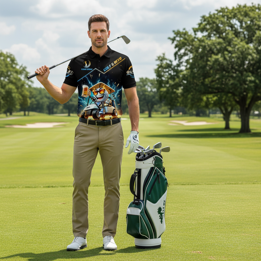 Funny Golf Polo Shirt, Cartoon Golf Ball Driving Cart, Golf & Beer Lightning Graphic, Custom Name Drinking Team Gift