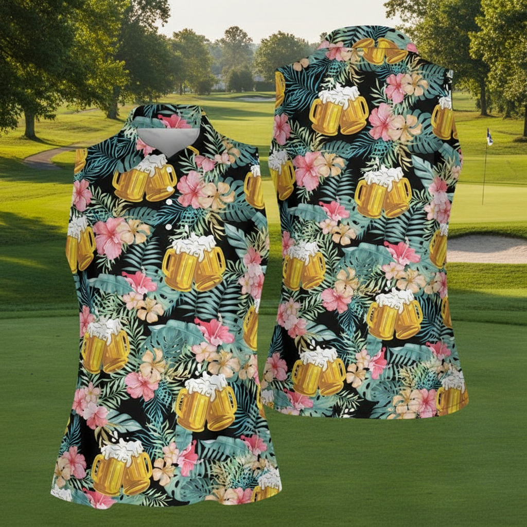Women's Sleeveless Polo - Tropical Hibiscus & Beer Pattern - Funny Hawaiian Golf Shirt - Ladies Summer Tank Top