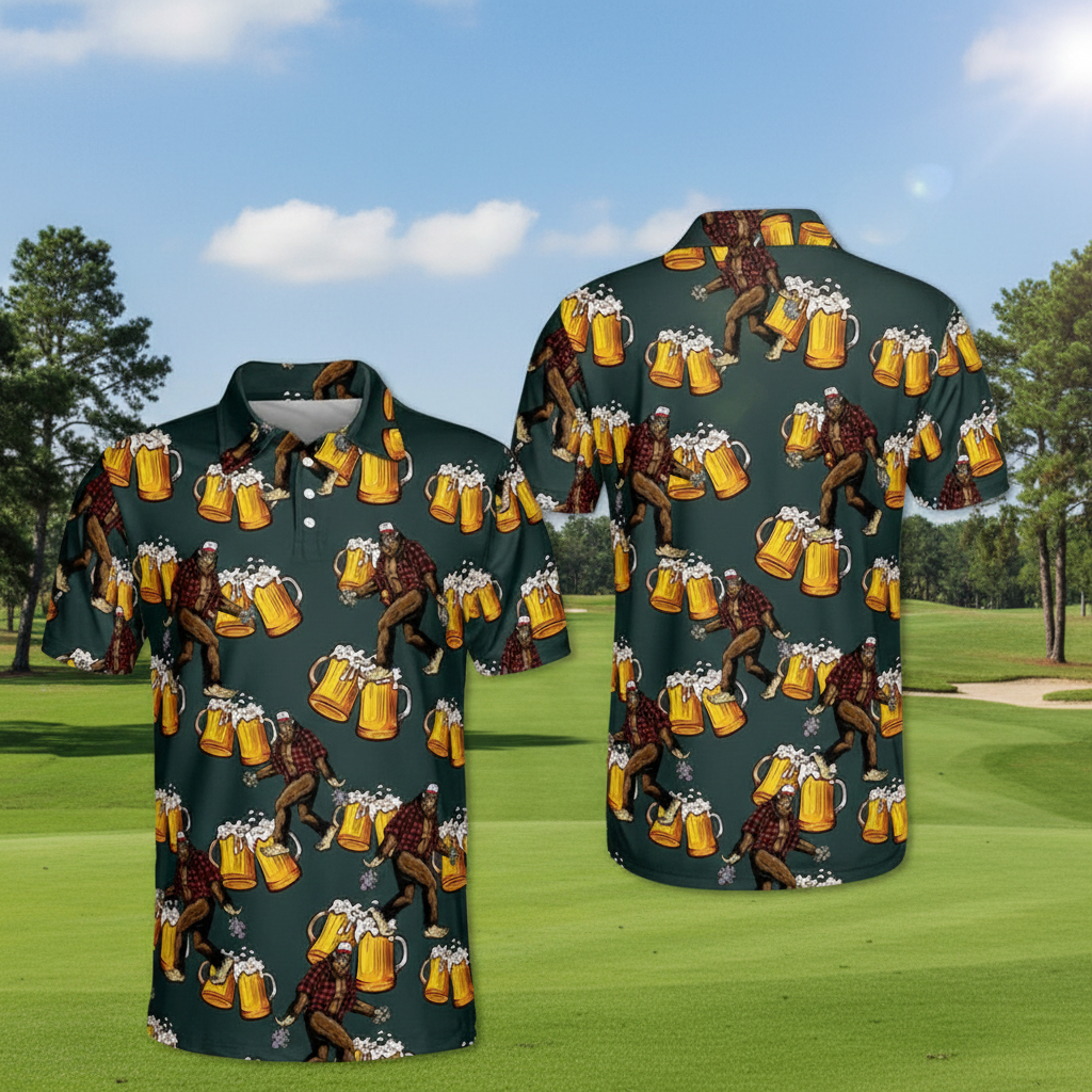 Bigfoot Beer Golf Polo Shirt, Funny Sasquatch Drinking Pattern, Men's Performance Golf Top, Gift for Beer Lover, Gift for Dog Dad & Husband, Polo For Golfer