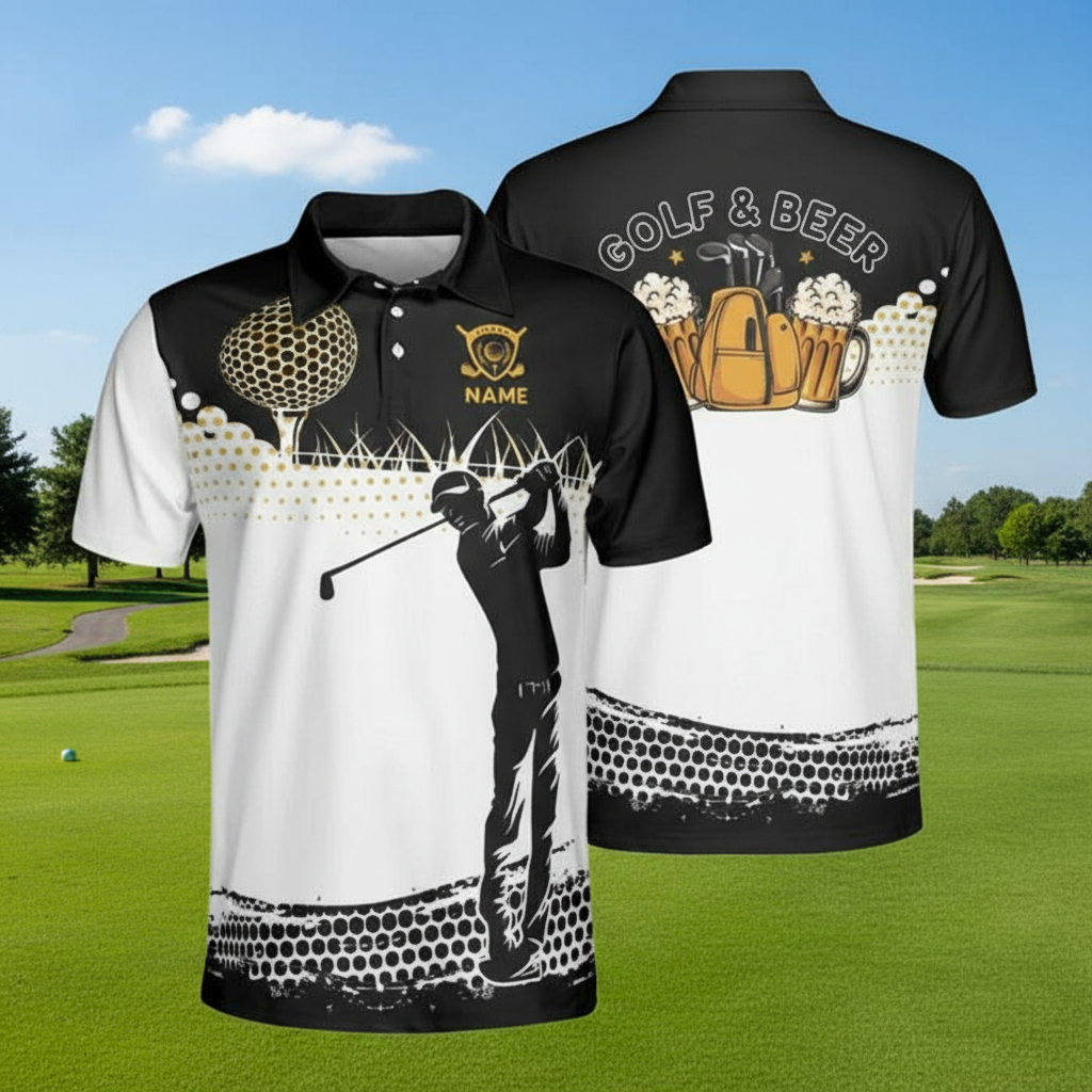 Personalized Golf Polo Shirt - Golf & Beer Bag Design - Custom Name Black & White Men's Top - Funny Golfer Gift