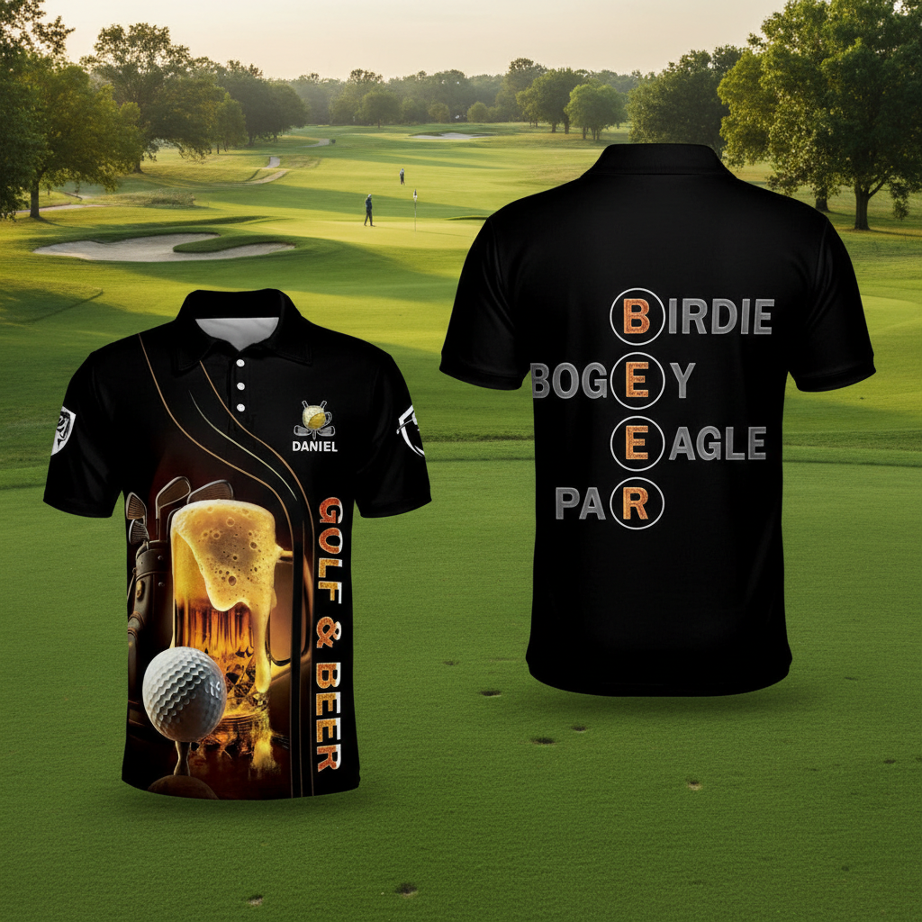 Personalized Golf Polo Shirt - Golf & Beer Foaming Mug Art - Birdie Bogey Eagle Par Funny Back Print - Custom Name Men's Top PLSGTP35