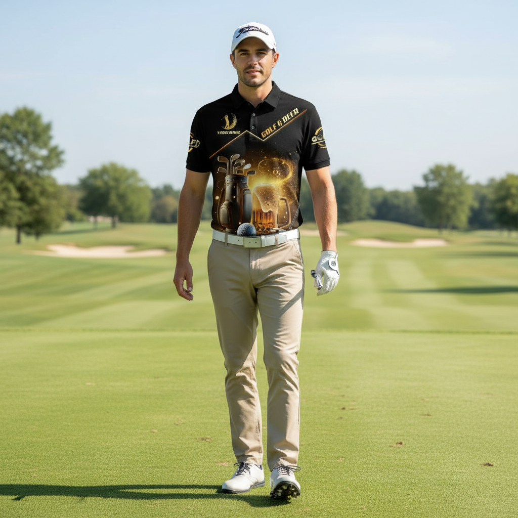 Funny Beer & Golf Polo Shirt - Weekend Forecast Quote - Custom Name Gift for Golfer Dad - Black & Gold Performance Top