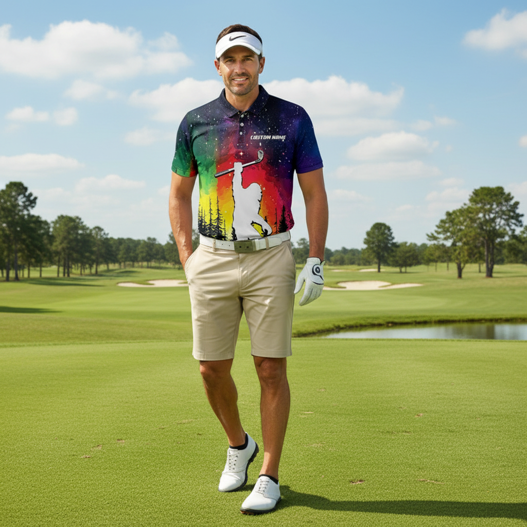 Funny Golf Polo Shirt - Galaxy Sasquatch Looking For Golf Balls - Colorful Nebula Print - Unique Golfer Gift