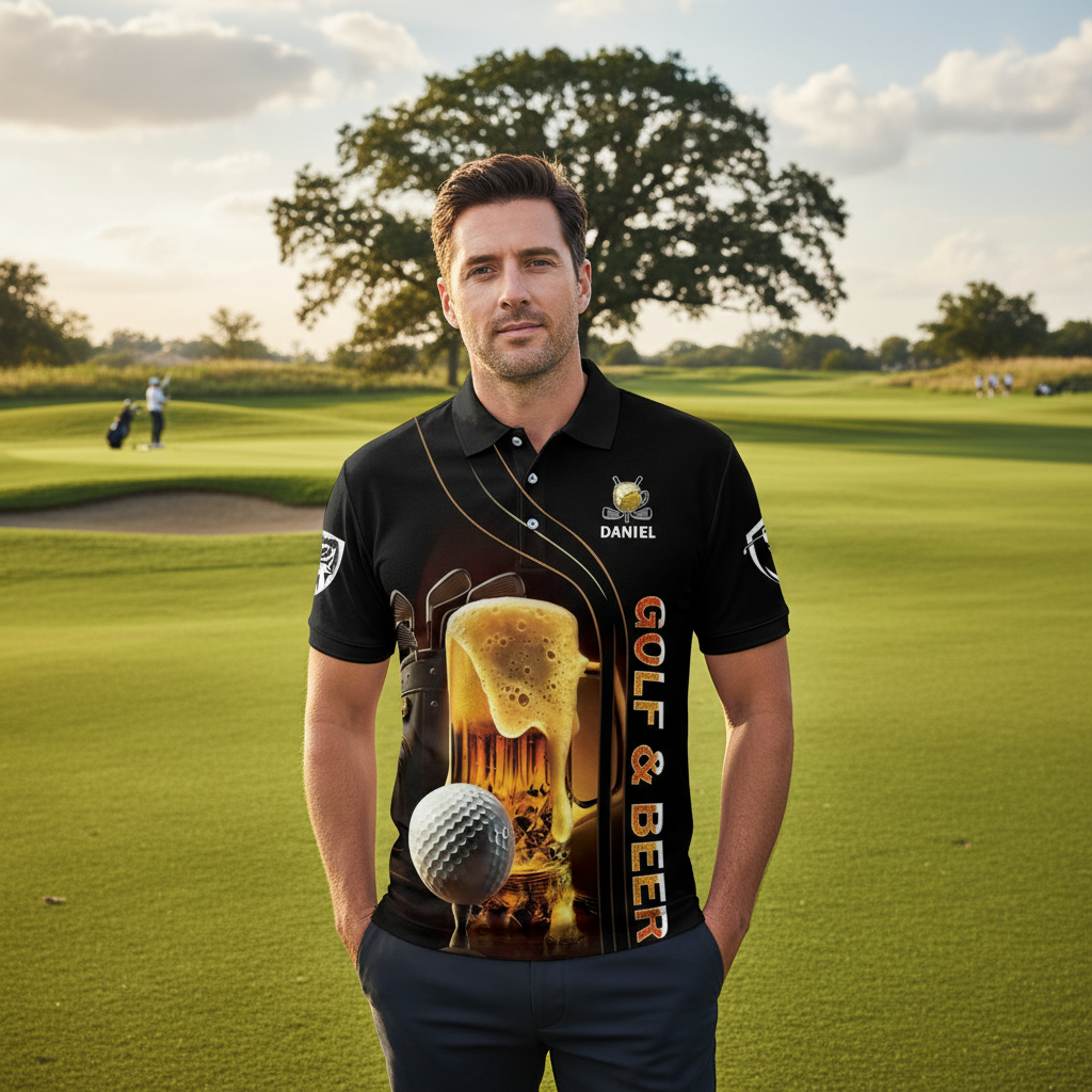 Personalized Golf Polo Shirt - Golf & Beer Foaming Mug Art - Birdie Bogey Eagle Par Funny Back Print - Custom Name Men's Top PLSGTP35