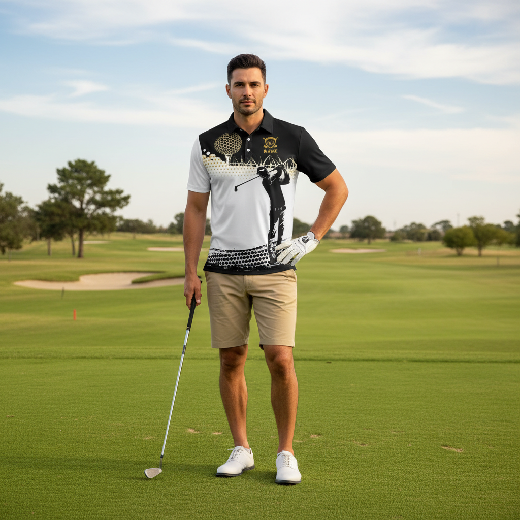 Personalized Golf Polo Shirt - Golf & Beer Bag Design - Custom Name Black & White Men's Top - Funny Golfer Gift