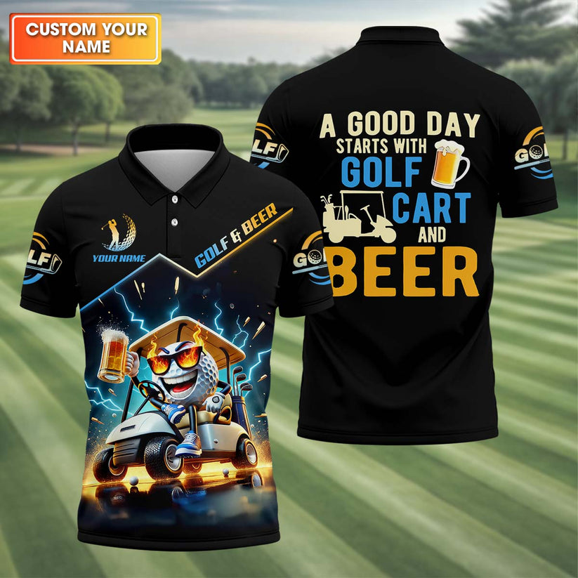 Funny Golf Polo Shirt, Cartoon Golf Ball Driving Cart, Golf & Beer Lightning Graphic, Custom Name Drinking Team Gift