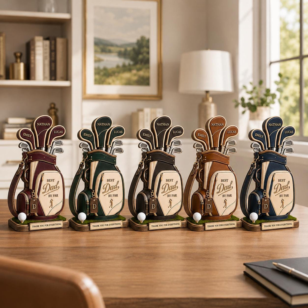 May include: Five decorative golf bag figurines in various colors, each with golf clubs and the words "Best Dad" and "Thank You For Everything." Each bag has a golf ball and personalized name tags.