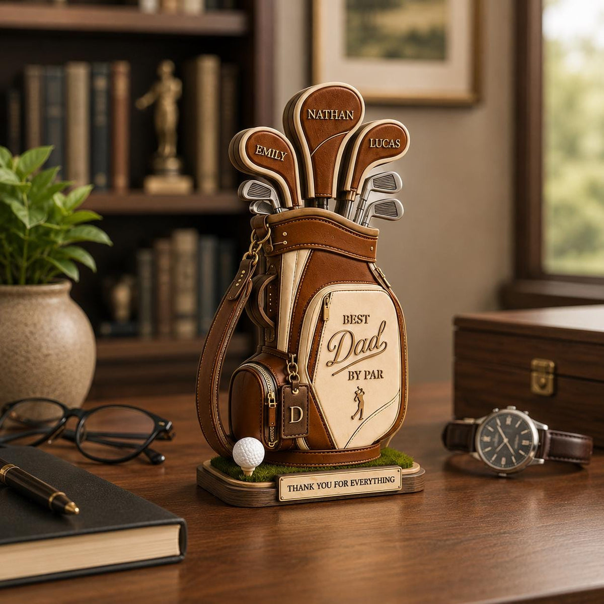 May include: A brown and beige golf bag figurine with golf clubs, a golf ball, and the words "Best Dad by Par." The golf club heads are engraved with names. The base reads "Thank You For Everything."