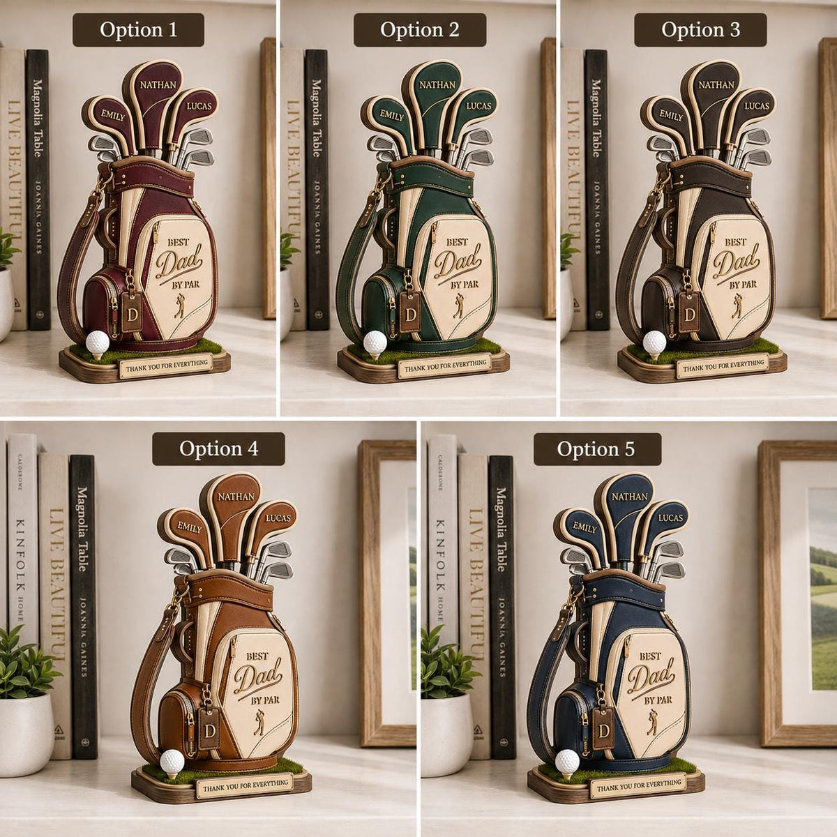 May include: A personalized golf bag statue with the text "Best Dad By Par." The bag is filled with golf clubs and features the names "Nathan," "Emily," and "Lucas." A golf ball sits at the base, with the message "Thank You For Everything."