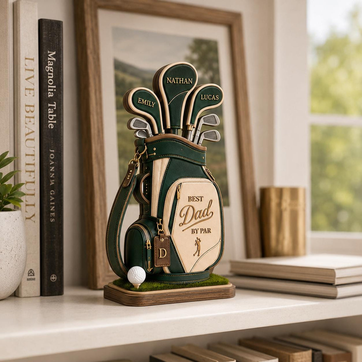 May include: A decorative golf bag figurine in green and tan, with the words "Best Dad by Par." The bag holds golf clubs with personalized name tags. A golf ball sits on a small patch of green grass. The figurine is on a wooden base.