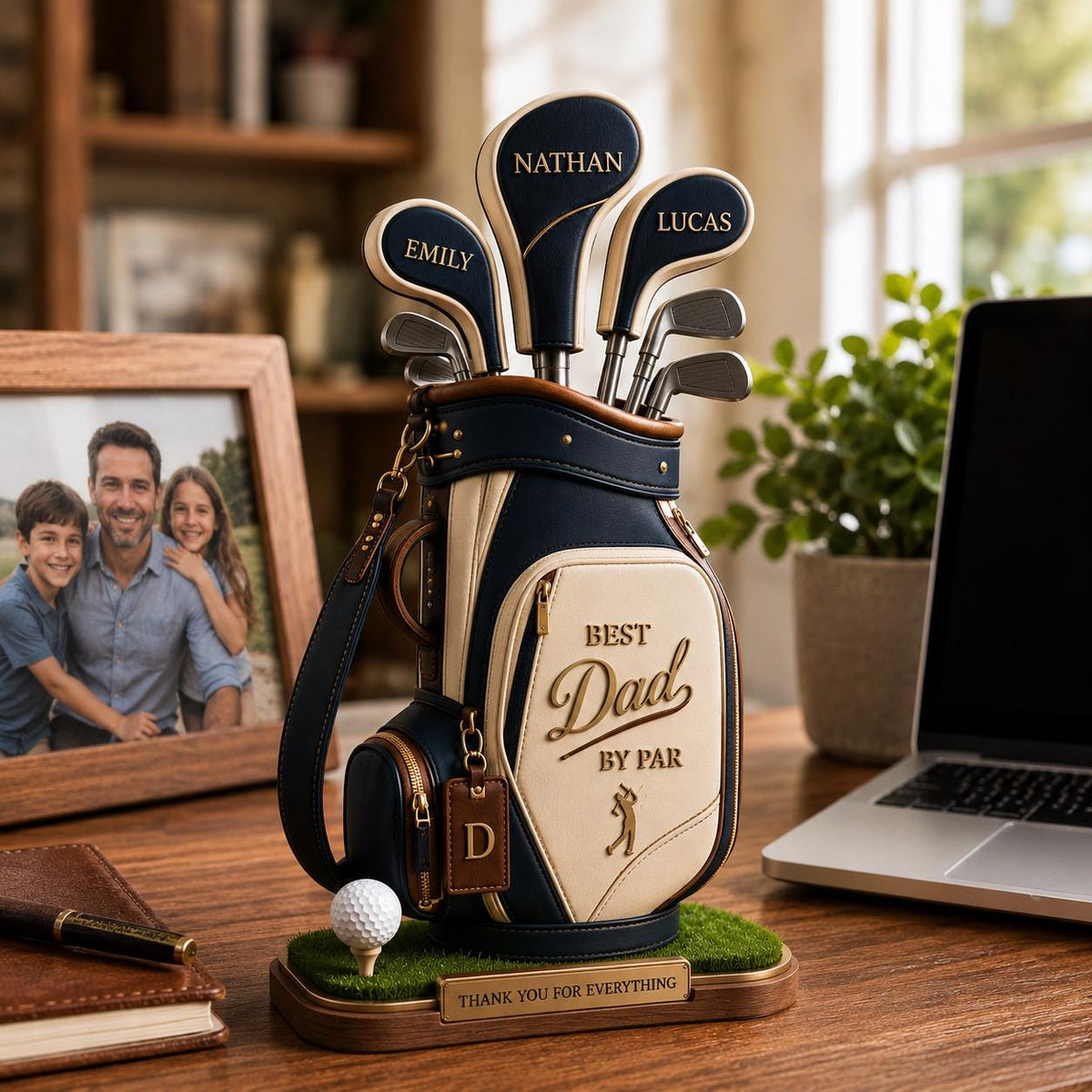 May include: A navy blue and cream-colored golf bag with golf clubs, personalized with names. The bag has the words "Best Dad by Par" and a golf ball on a tee. A wooden base reads "Thank you for everything."