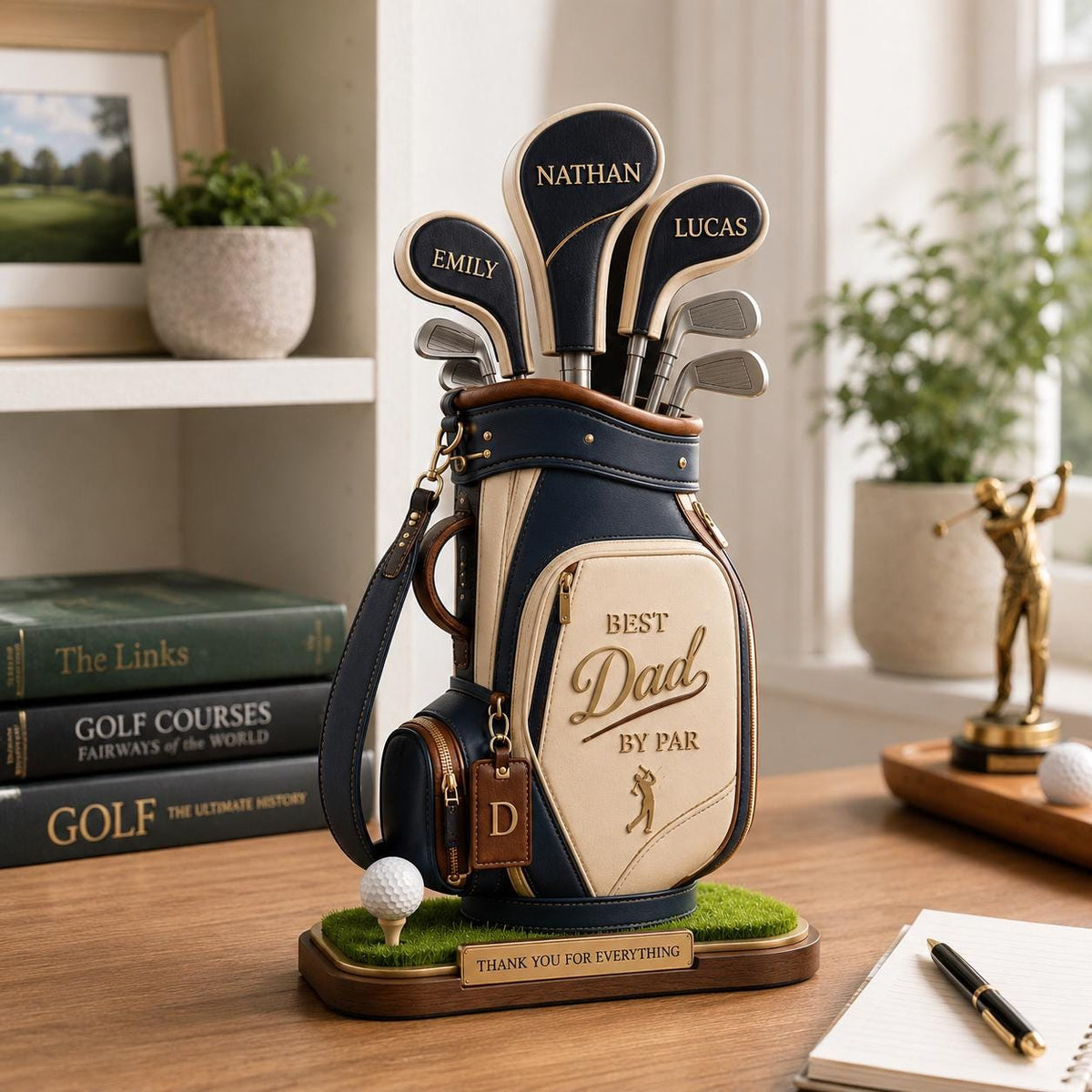 May include: A navy blue and cream golf bag with golf clubs, personalized with names. The bag has the text "Best Dad by Par" and a golf ball on a tee. The base reads "Thank You For Everything".