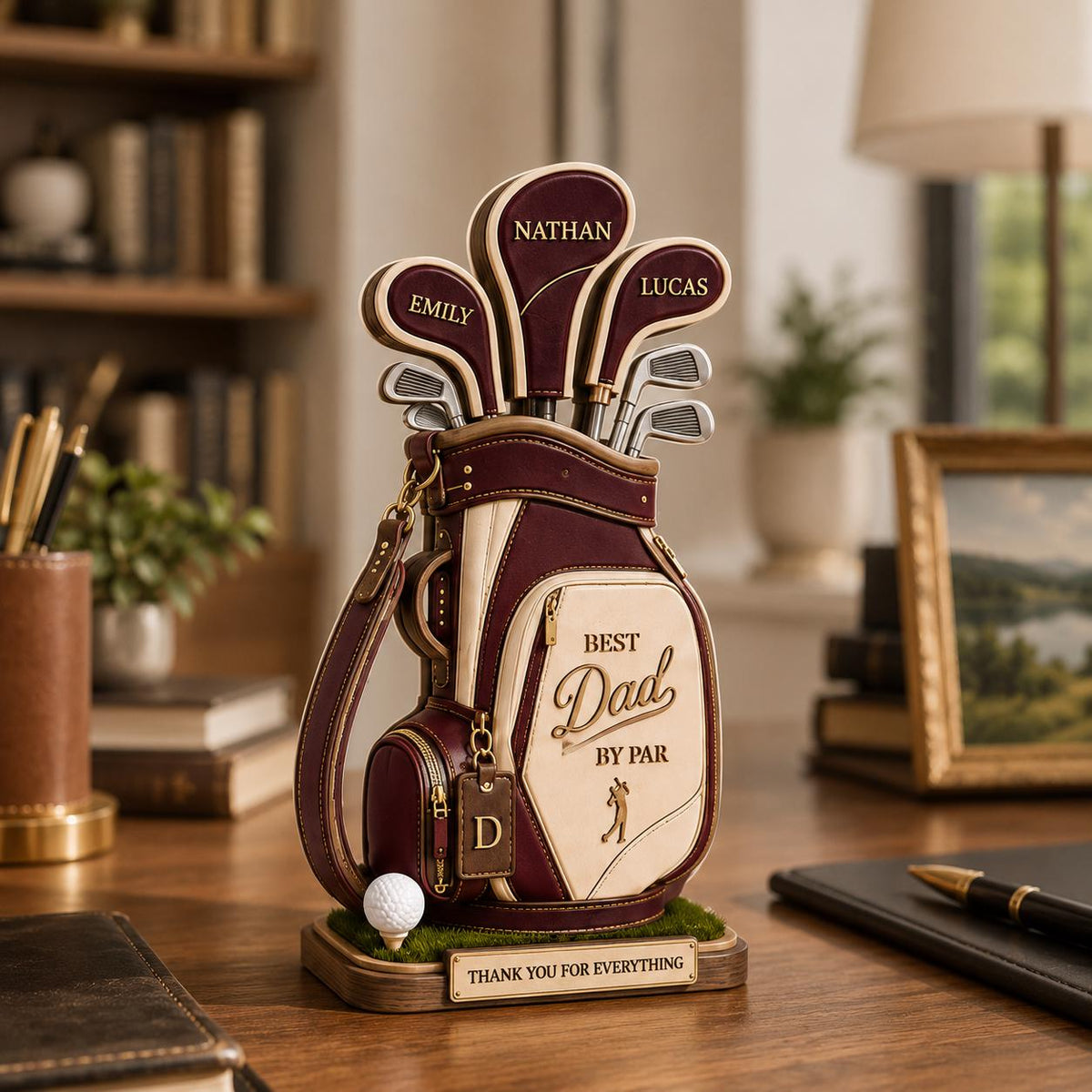 May include: A decorative golf bag figurine in burgundy, cream, and brown, with golf clubs bearing the names "Nathan," "Emily," and "Lucas." The bag reads "Best Dad by Par" and includes a golf ball and a base that says "Thank You For Everything."