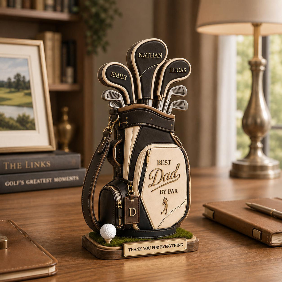 May include: A decorative golf bag with golf clubs, featuring the text "Best Dad by Par." The golf clubs have the names "Emily," "Nathan," and "Lucas." A golf ball sits on a small patch of green grass. The base reads "Thank You For Everything."