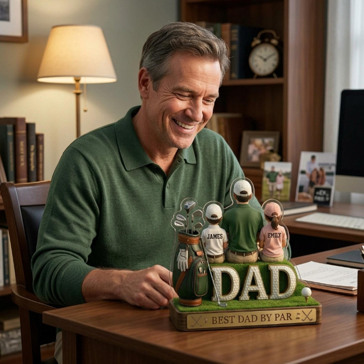 May include: A golf-themed decorative piece with the word "DAD" in white block letters. The piece includes miniature figures, a golf bag, and the text "BEST DAD BY PAR." The background shows a man smiling, suggesting a gift.