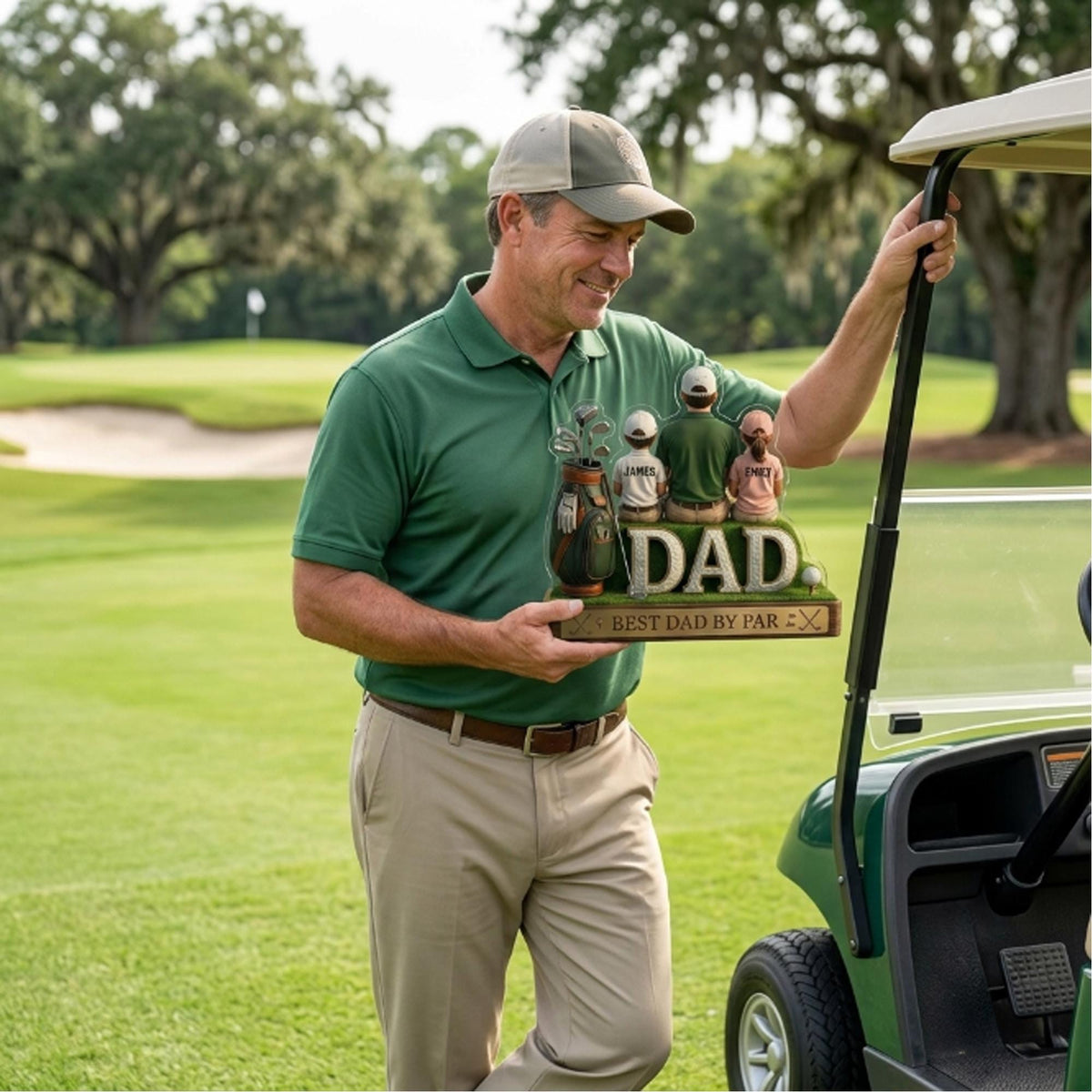 May include: A man in a green polo shirt and khaki pants holds a wooden golf-themed plaque. The plaque reads "DAD" with "BEST DAD BY PAR" below. The plaque features a golf bag and figures of children.
