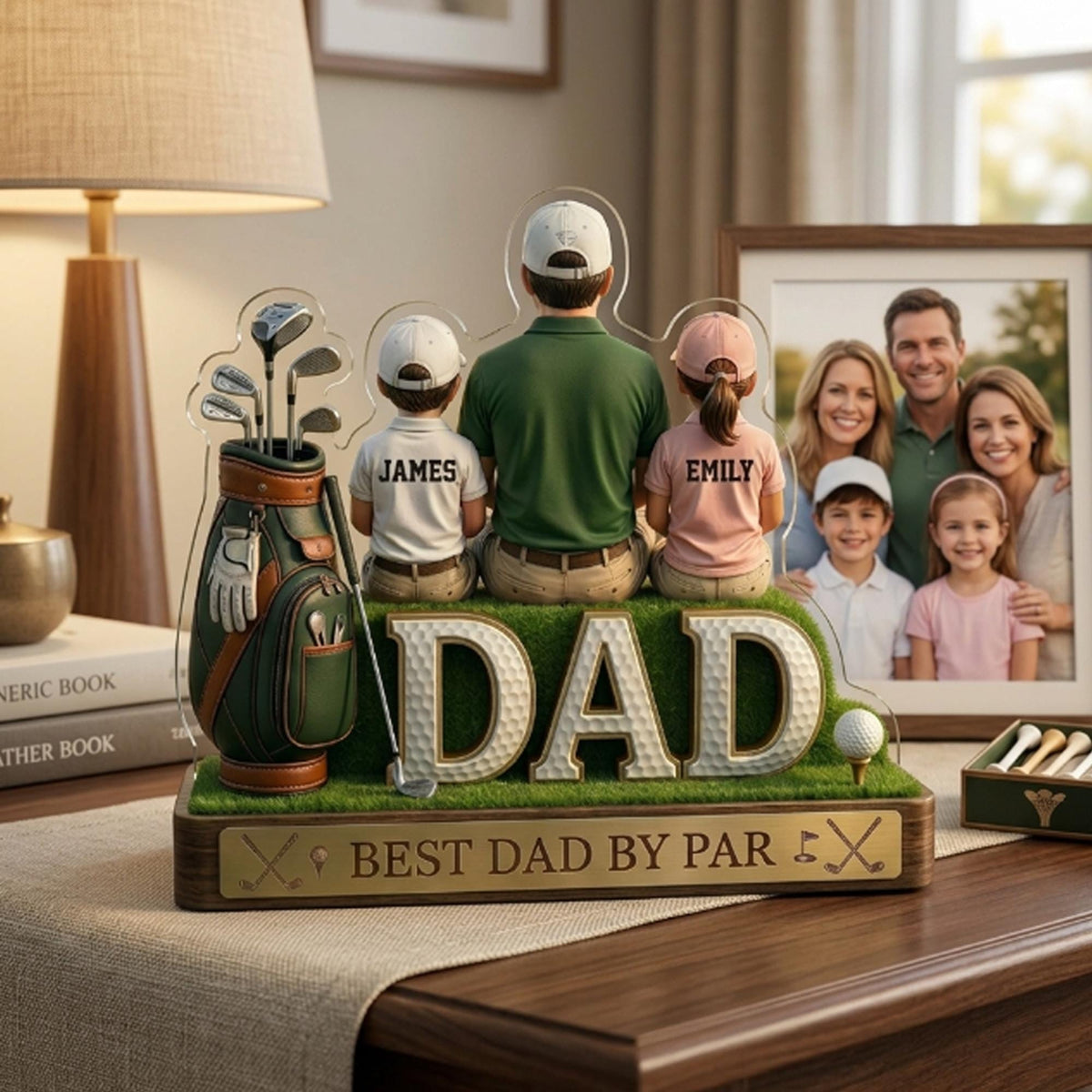 May include: A clear acrylic golf-themed display featuring a family of four, with the word "DAD" in large letters. The display includes a golf bag, golf clubs, and the text "BEST DAD BY PAR". A framed family photo is in the background.