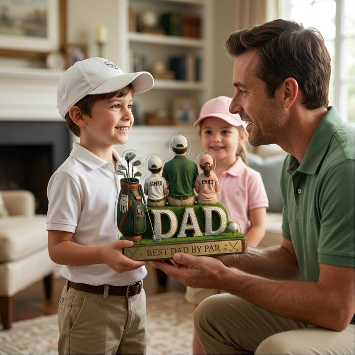 May include: A personalized golf-themed Father's Day gift. The gift features a golf bag with clubs, figures of a family, and the word "DAD" in large letters. The base reads "BEST DAD BY PAR". The family is wearing golf hats and shirts.