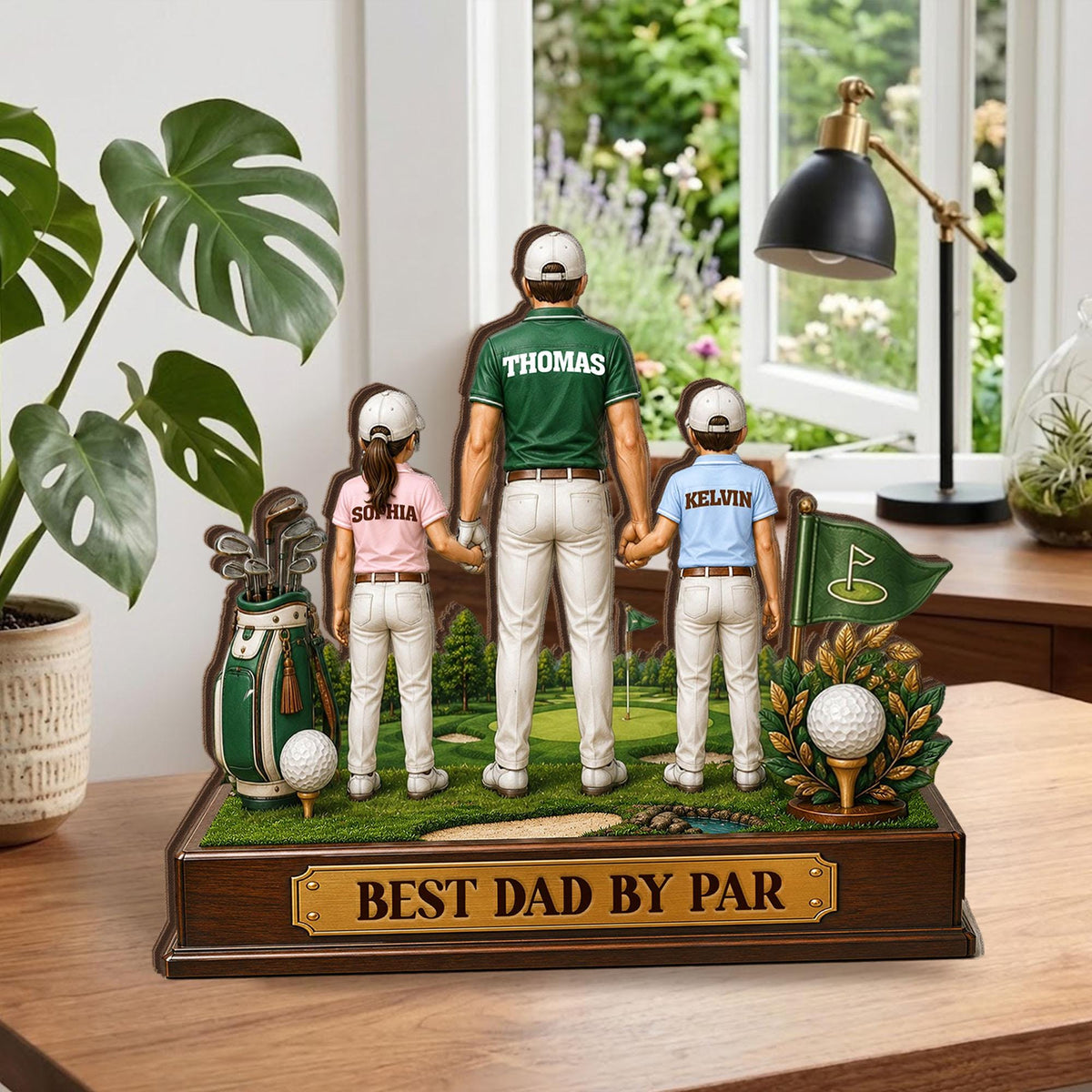 May include: A wooden golf-themed decorative piece featuring a father and two children on a golf course. The father wears a green shirt with "Thomas" on the back. The piece includes a golf bag, a golf ball, and the text "BEST DAD BY PAR".