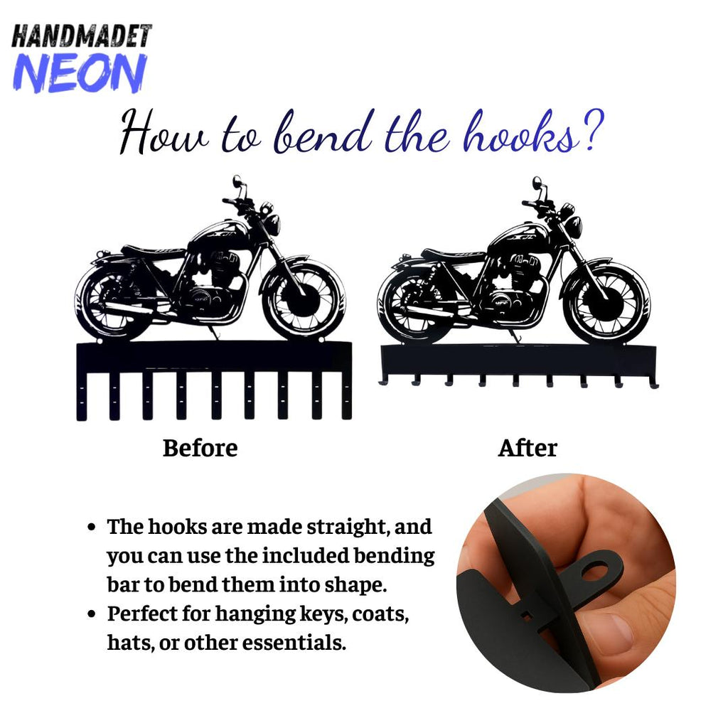May include: Black metal motorcycle-shaped key holder with multiple hooks. The image shows the key holder before and after bending the hooks. Text on the image reads "How to bend the hooks?" and "HANDMADET NEON".