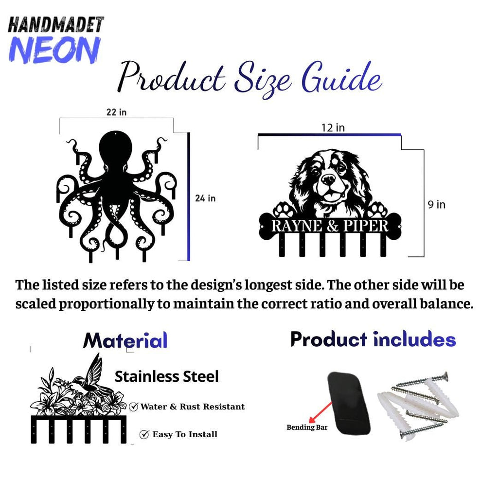 May include: Product size guide for metal wall art. Includes an octopus design (22 in x 24 in), a dog design (12 in x 9 in), and a hummingbird design. Made of stainless steel, water and rust resistant, and easy to install. Includes a bending bar and screws.