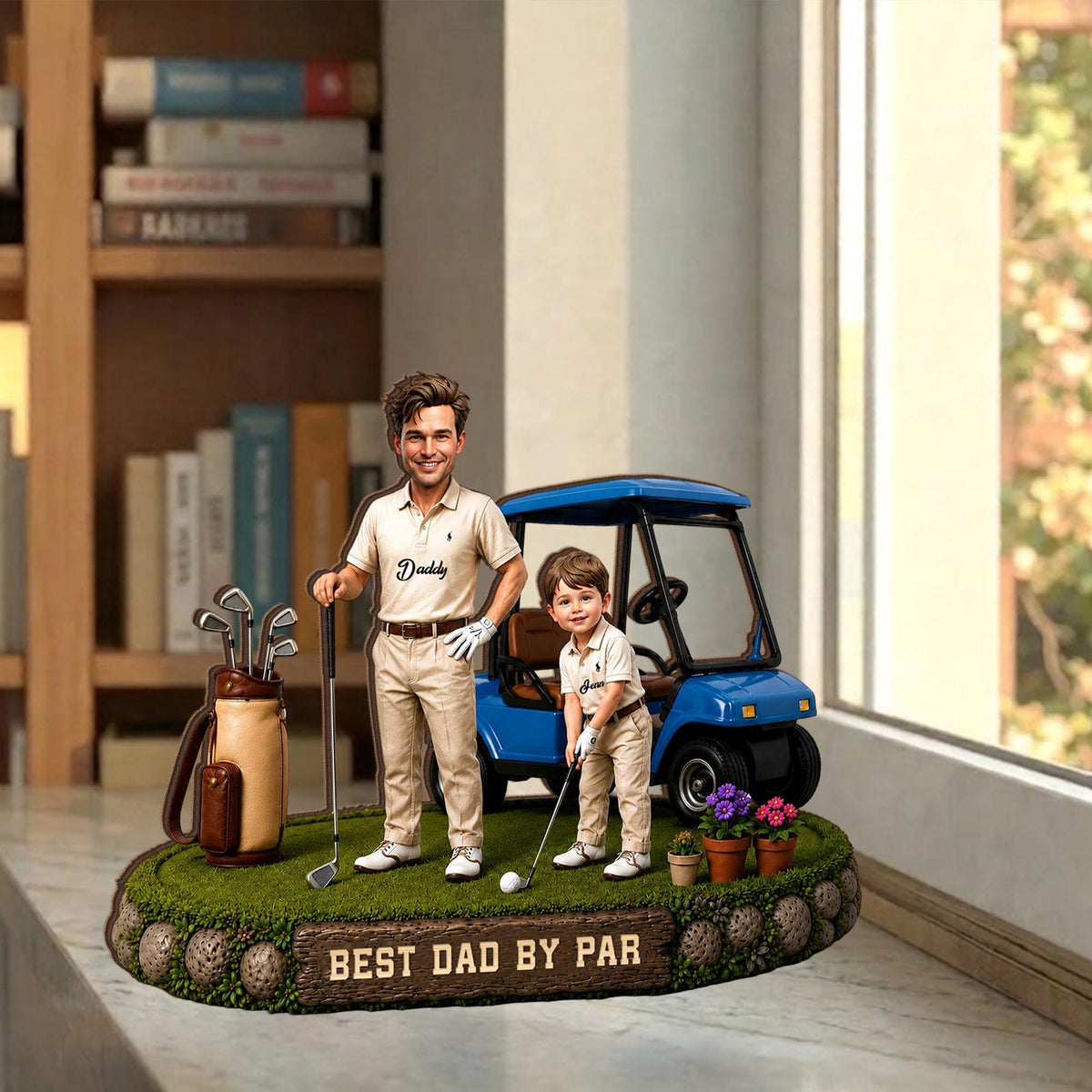May include: A decorative golf-themed figurine featuring a man and a child in golf attire, standing near a blue golf cart. The base is green with a sign that reads "BEST DAD BY PAR". A golf bag and potted flowers are also present.